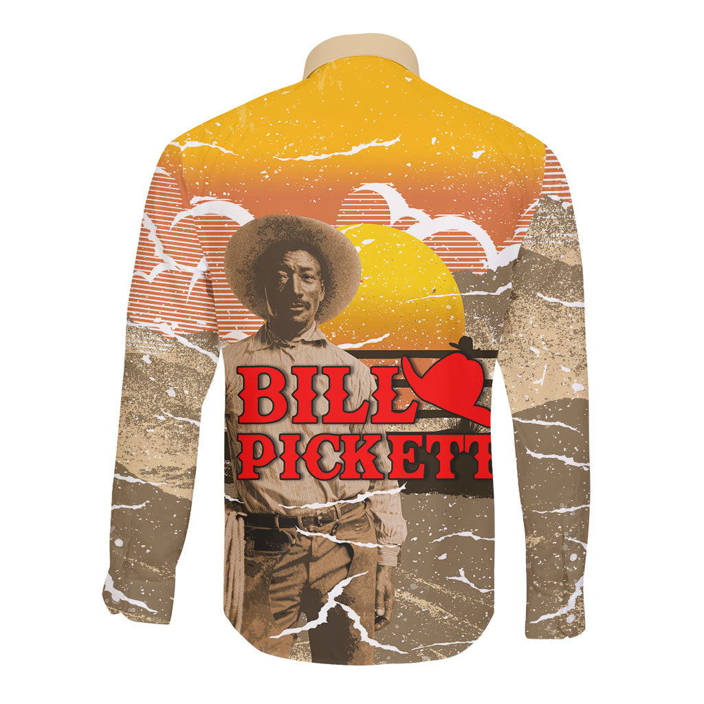 Black Cowboy Bill Pickett Long Sleeve Button Shirt Retro Sunset Western Design