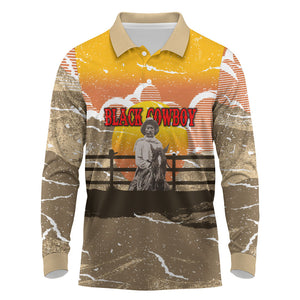 Black Cowboy Bill Pickett Long Sleeve Polo Shirt Retro Sunset Western Design