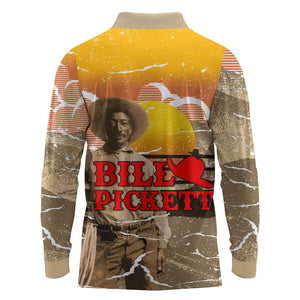Black Cowboy Bill Pickett Long Sleeve Polo Shirt Retro Sunset Western Design