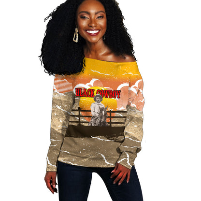 Black Cowboy Bill Pickett Off Shoulder Sweater Retro Sunset Western Design