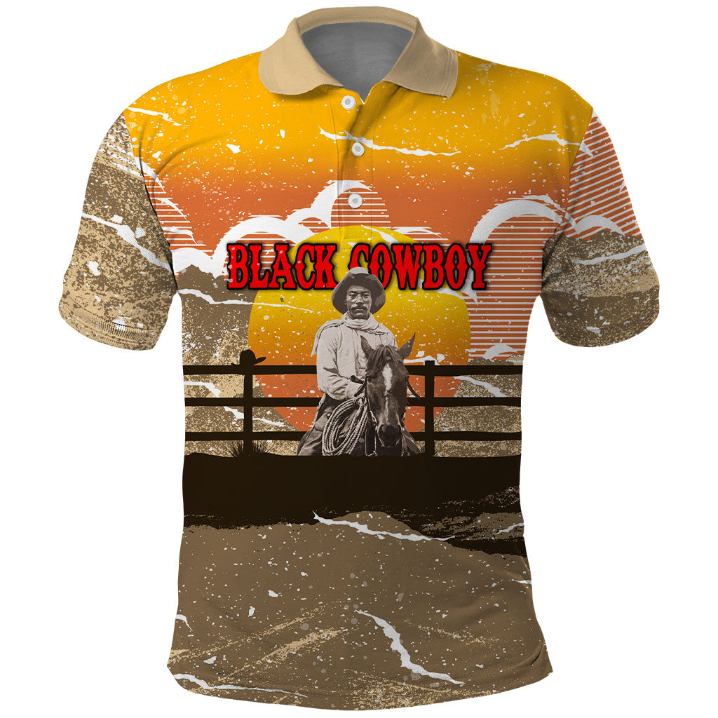 Black Cowboy Bill Pickett Polo Shirt Retro Sunset Western Design
