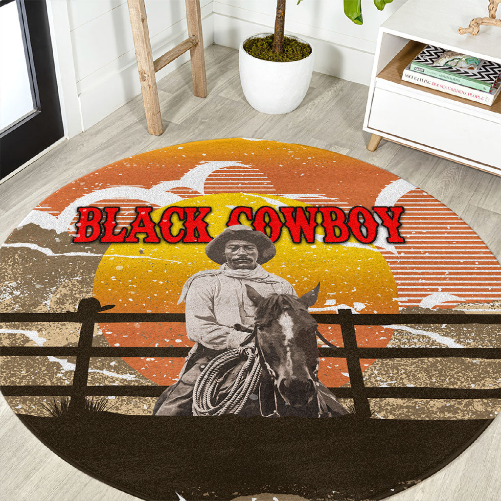 Black Cowboy Bill Pickett Round Carpet Retro Sunset Western Design