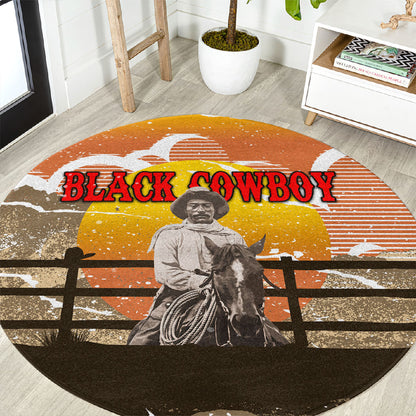 Black Cowboy Bill Pickett Round Carpet Retro Sunset Western Design