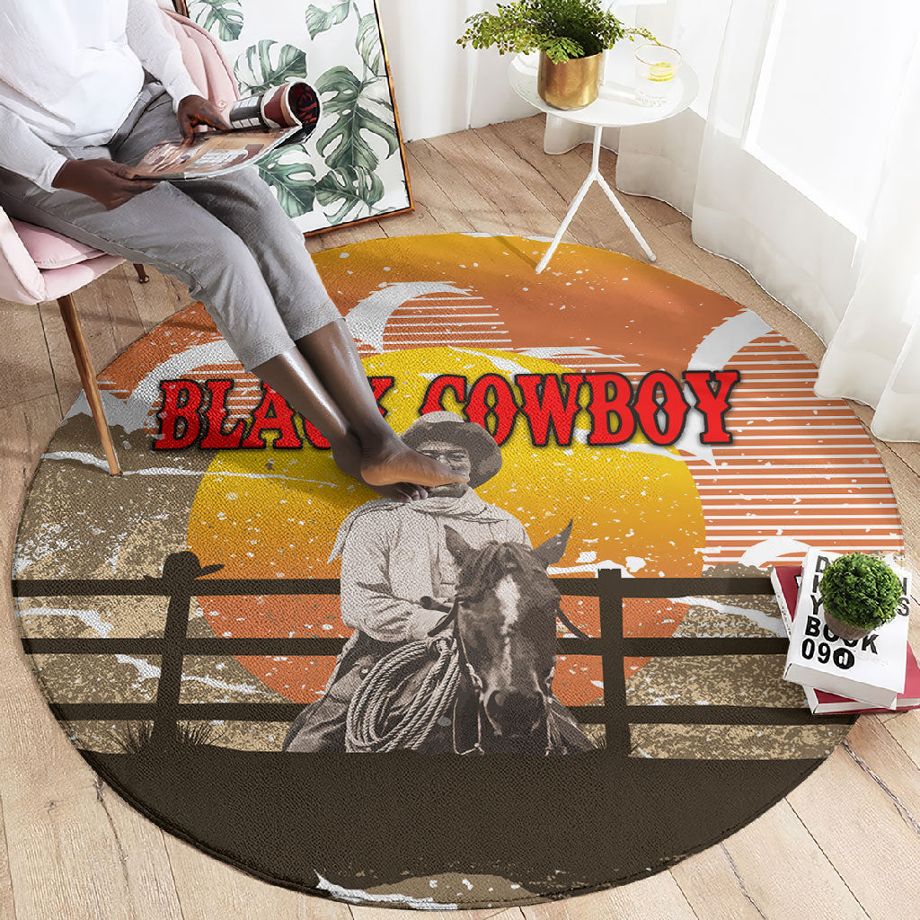 Black Cowboy Bill Pickett Round Carpet Retro Sunset Western Design