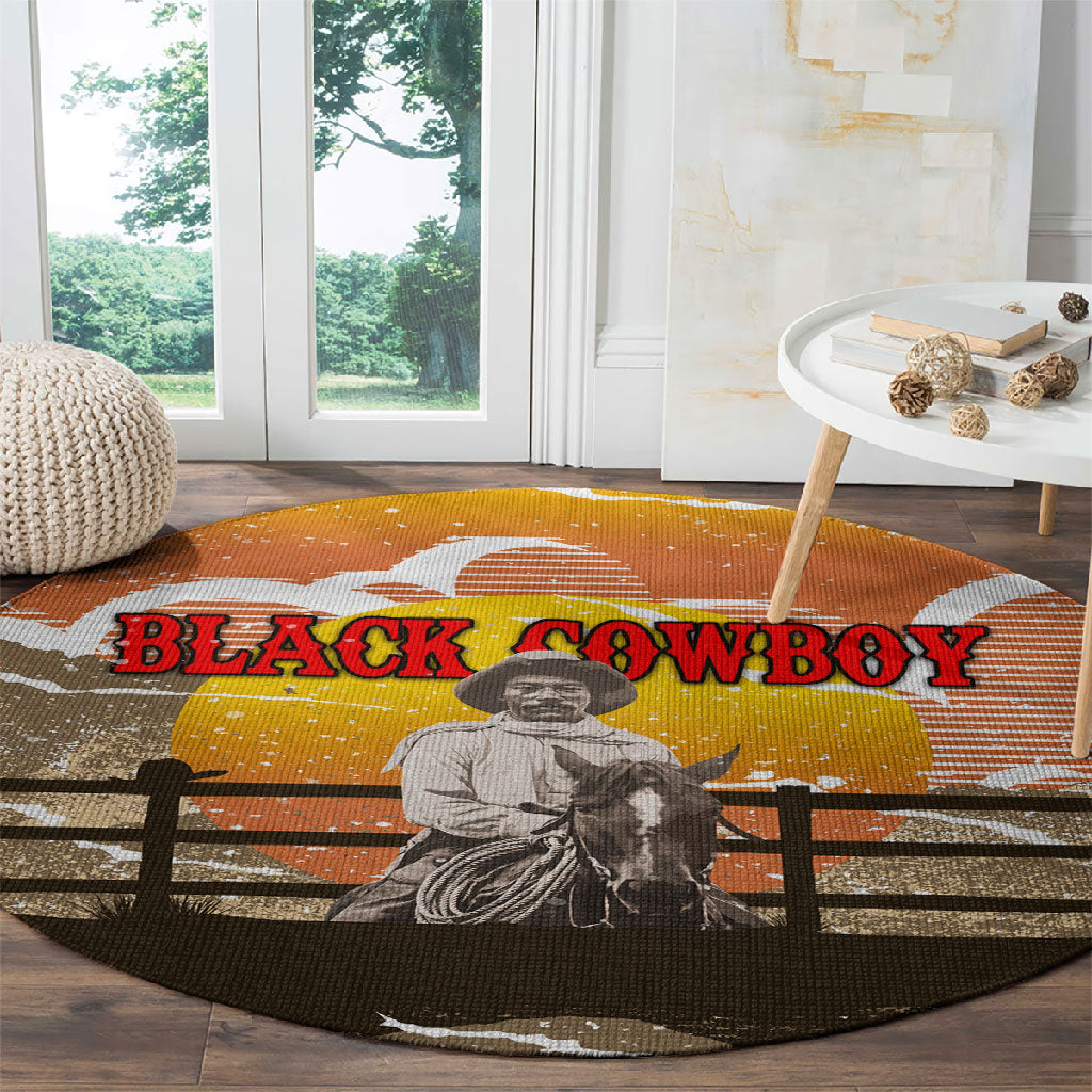 Black Cowboy Bill Pickett Round Carpet Retro Sunset Western Design