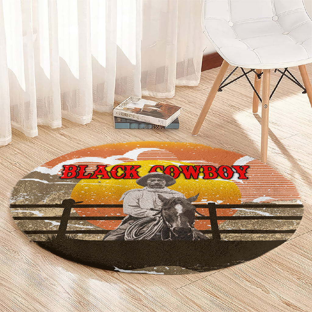 Black Cowboy Bill Pickett Round Carpet Retro Sunset Western Design