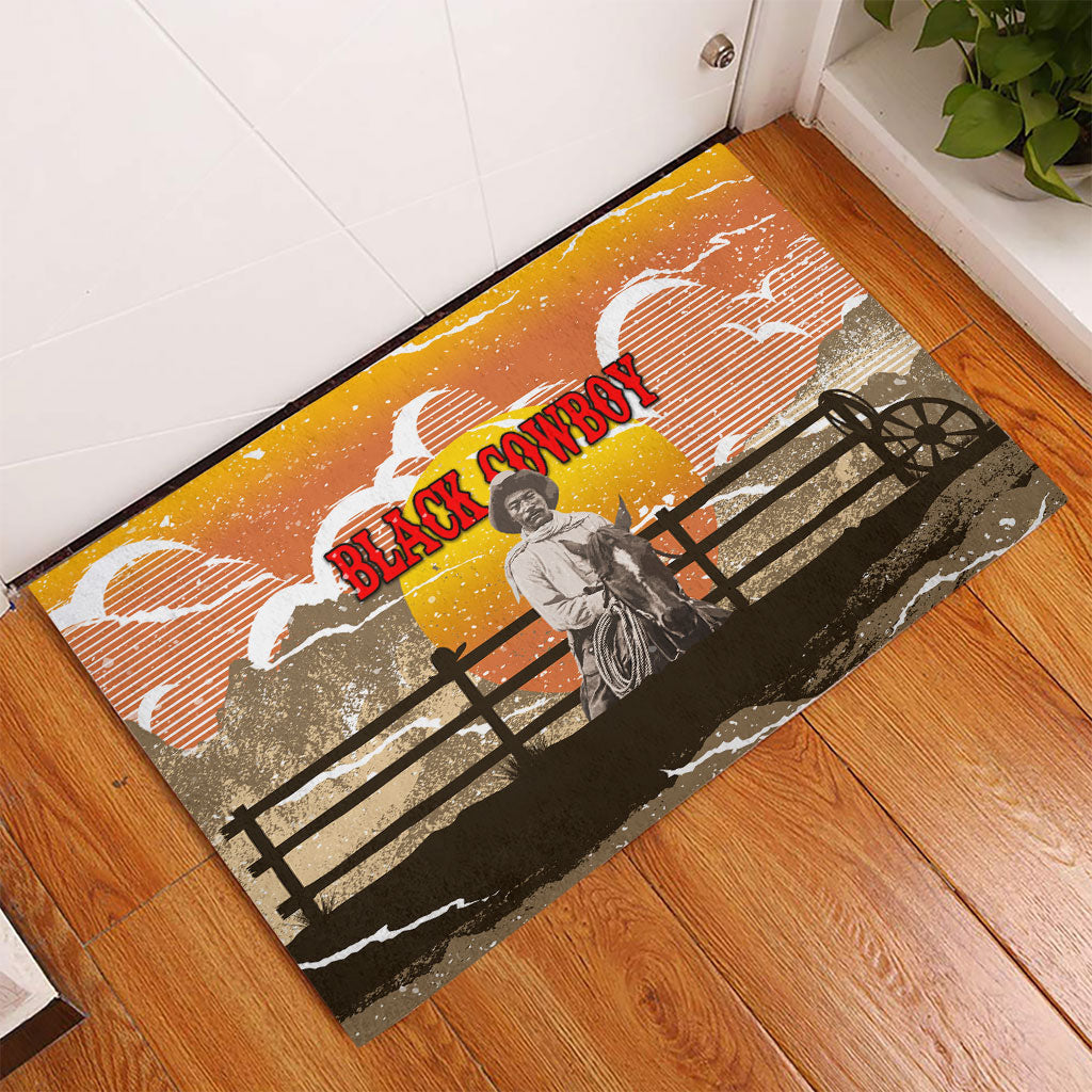 Black Cowboy Bill Pickett Rubber Doormat Retro Sunset Western Design