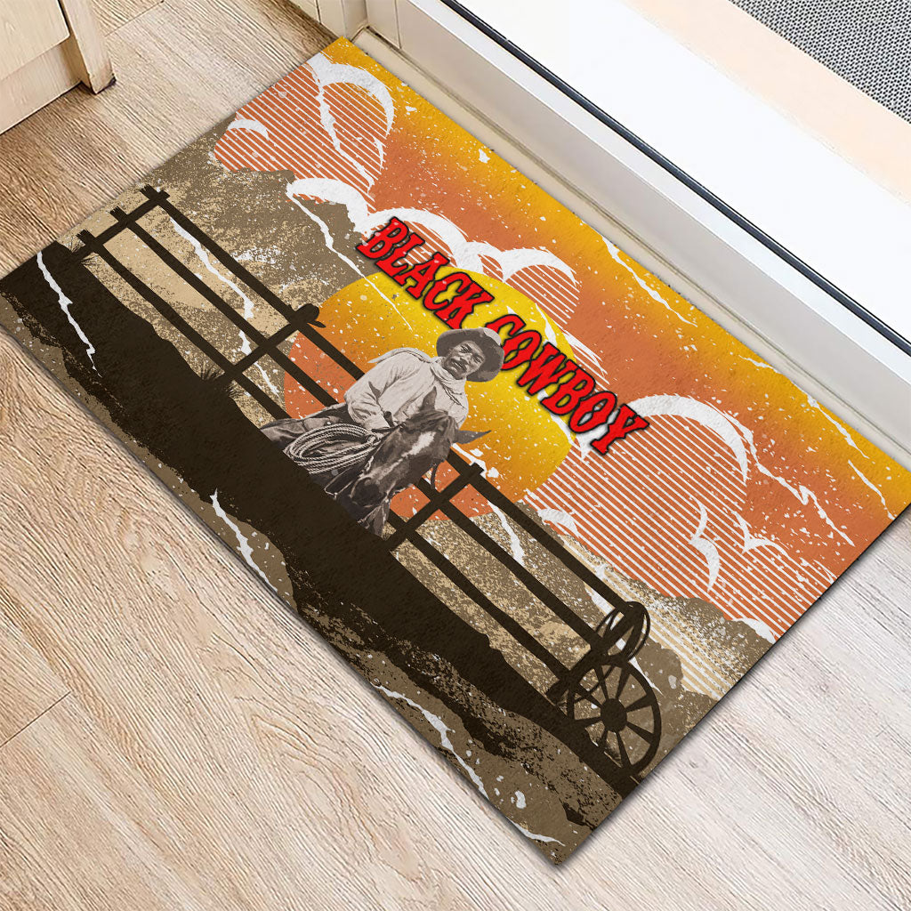 Black Cowboy Bill Pickett Rubber Doormat Retro Sunset Western Design