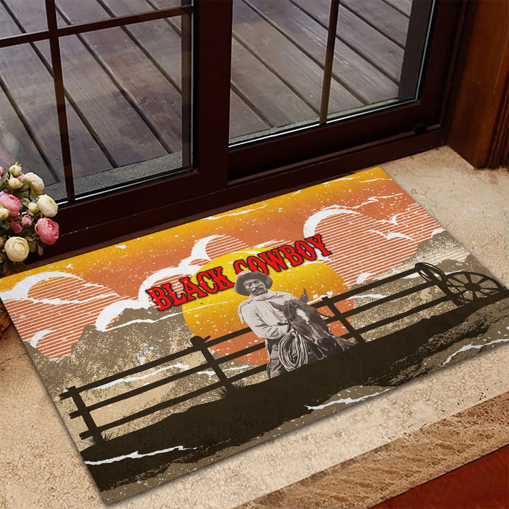 Black Cowboy Bill Pickett Rubber Doormat Retro Sunset Western Design
