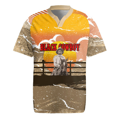Black Cowboy Bill Pickett Rugby Jersey Retro Sunset Western Design