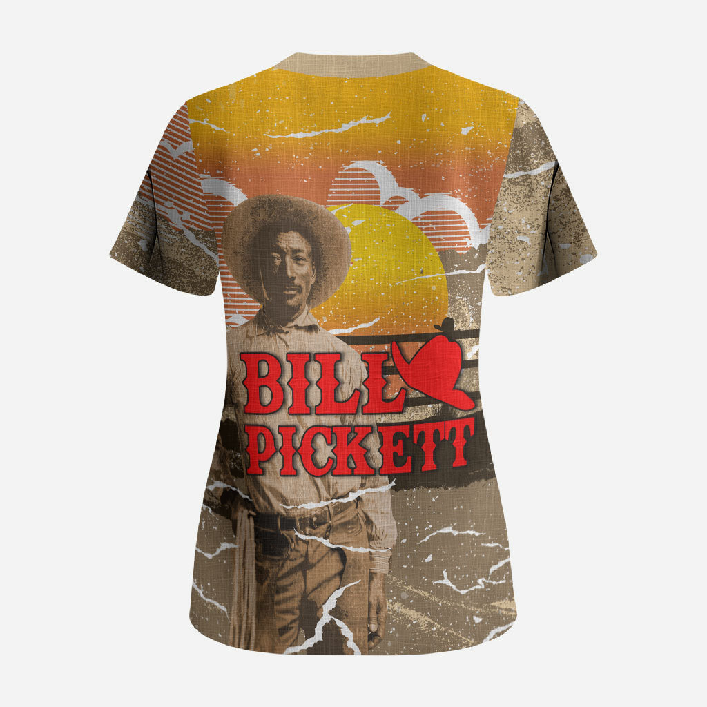 Black Cowboy Bill Pickett Scrub Top Retro Sunset Western Design