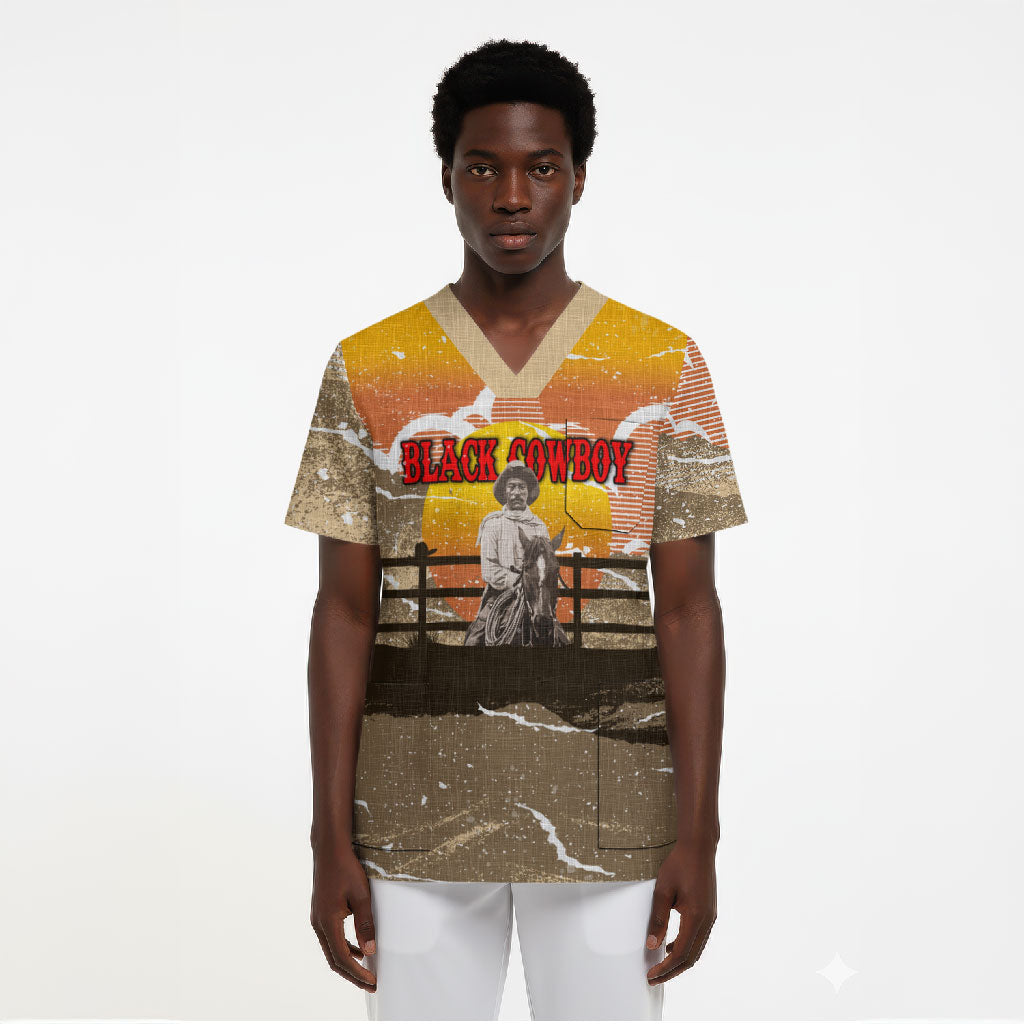 Black Cowboy Bill Pickett Scrub Top Retro Sunset Western Design