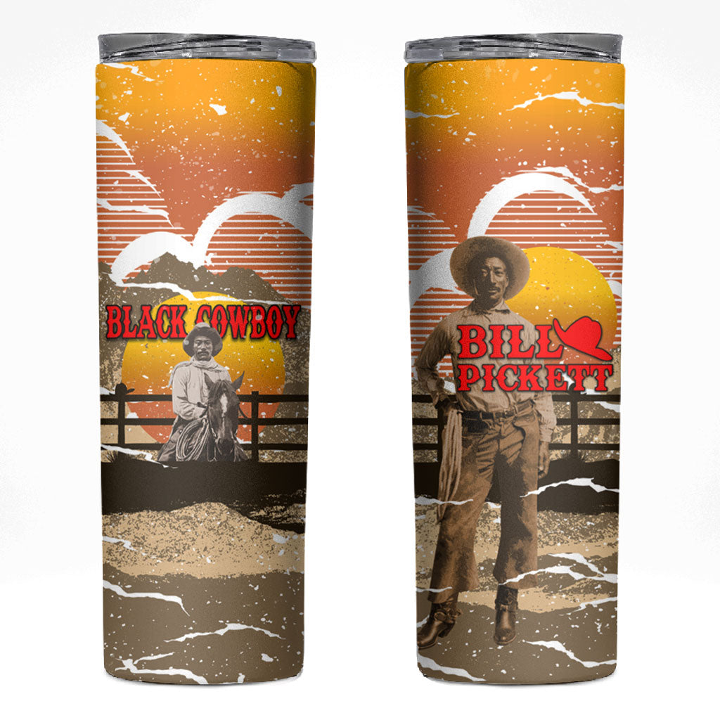 Black Cowboy Bill Pickett Skinny Tumbler Retro Sunset Western Design