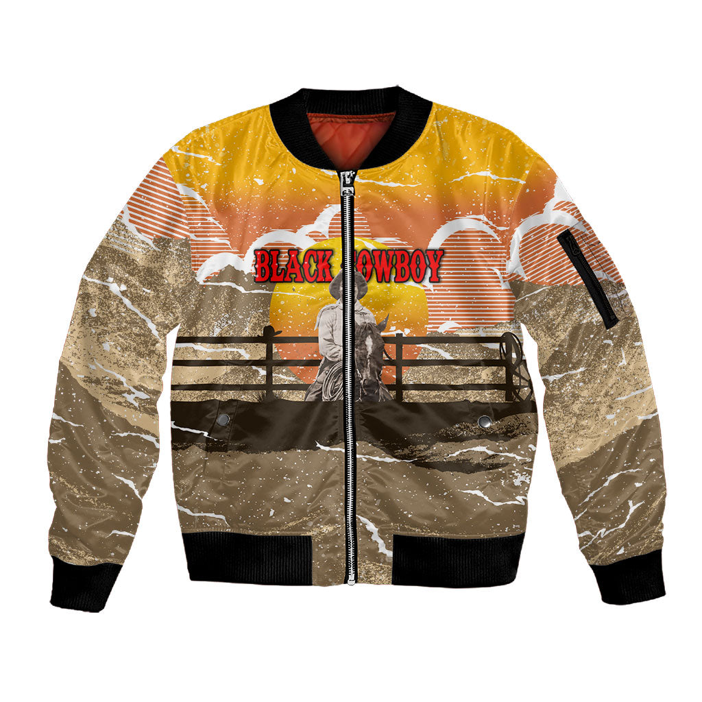 Black Cowboy Bill Pickett Sleeve Zip Bomber Jacket Retro Sunset Western Design