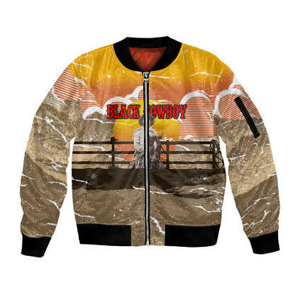 Black Cowboy Bill Pickett Sleeve Zip Bomber Jacket Retro Sunset Western Design