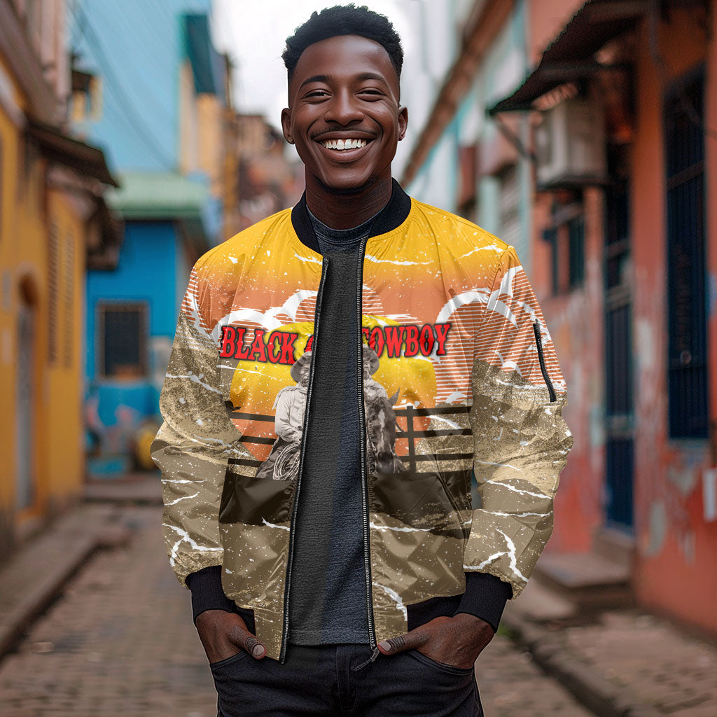 Black Cowboy Bill Pickett Sleeve Zip Bomber Jacket Retro Sunset Western Design