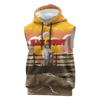 Black Cowboy Bill Pickett Sleeveless Hoodie Retro Sunset Western Design