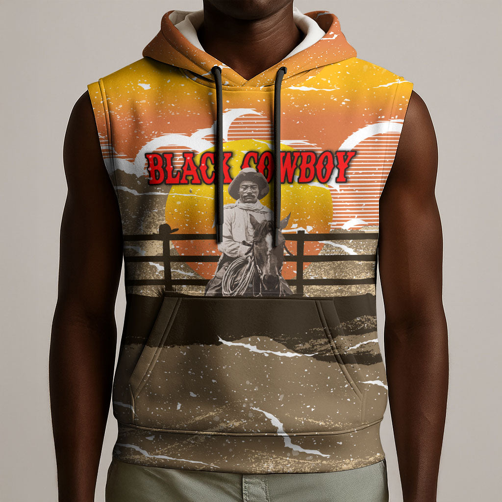Black Cowboy Bill Pickett Sleeveless Hoodie Retro Sunset Western Design