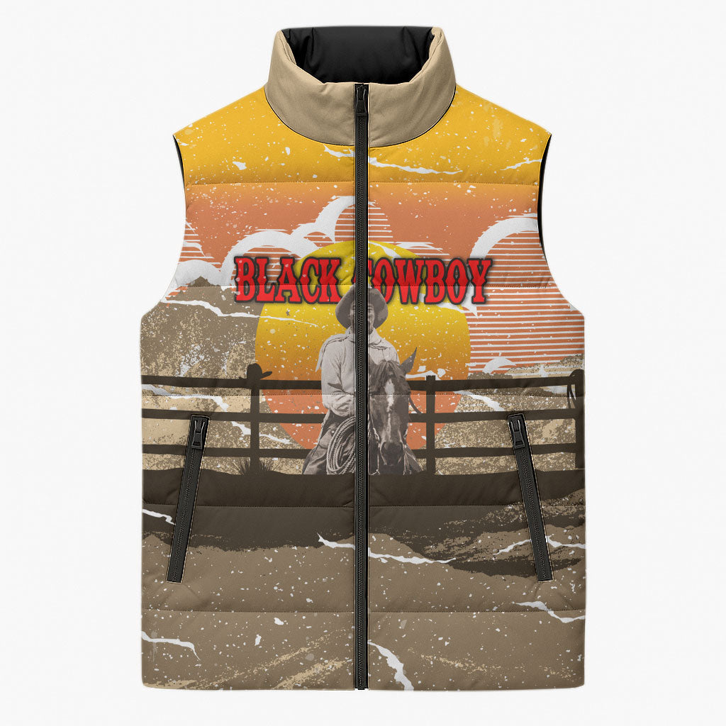 Black Cowboy Bill Pickett Sleeveless Puffer Jacket Retro Sunset Western Design