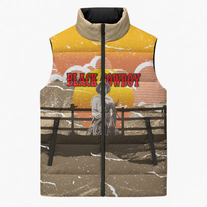 Black Cowboy Bill Pickett Sleeveless Puffer Jacket Retro Sunset Western Design