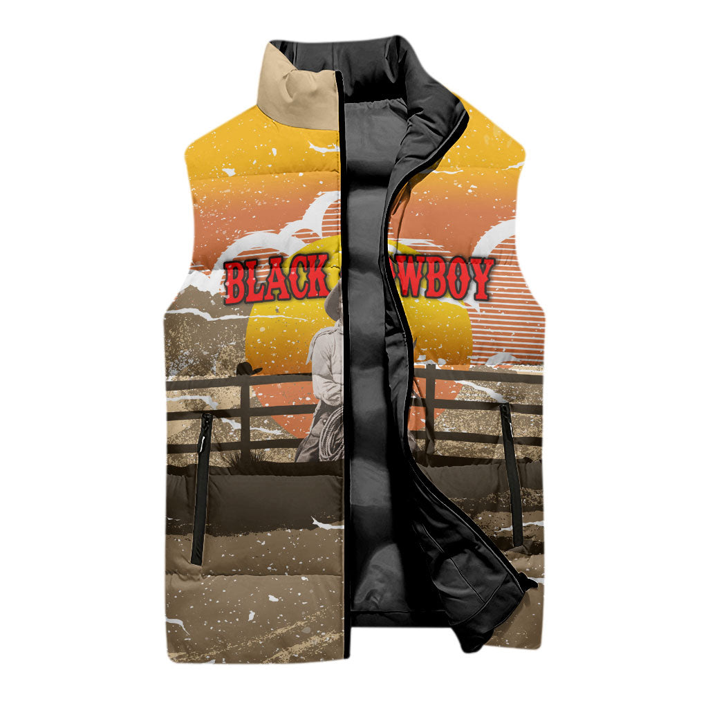 Black Cowboy Bill Pickett Sleeveless Puffer Jacket Retro Sunset Western Design