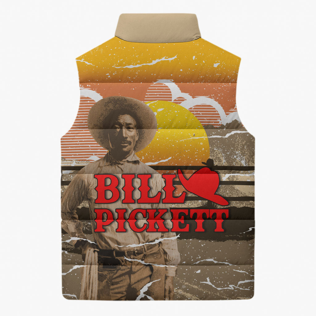 Black Cowboy Bill Pickett Sleeveless Puffer Jacket Retro Sunset Western Design