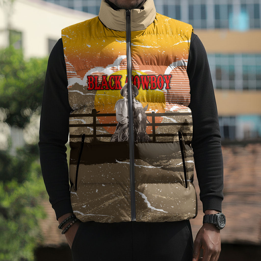 Black Cowboy Bill Pickett Sleeveless Puffer Jacket Retro Sunset Western Design