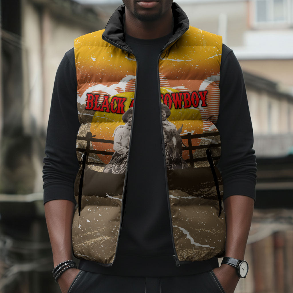 Black Cowboy Bill Pickett Sleeveless Puffer Jacket Retro Sunset Western Design