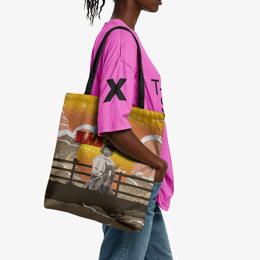 Black Cowboy Bill Pickett Tote Bag Retro Sunset Western Design