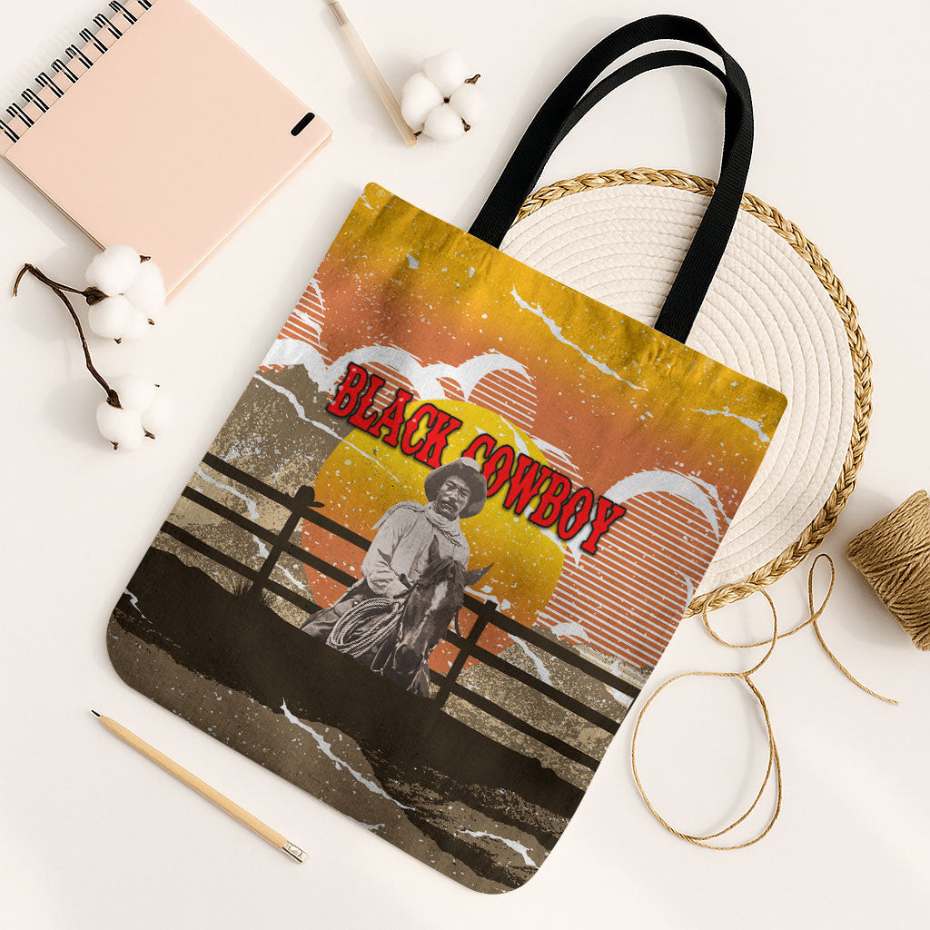 Black Cowboy Bill Pickett Tote Bag Retro Sunset Western Design