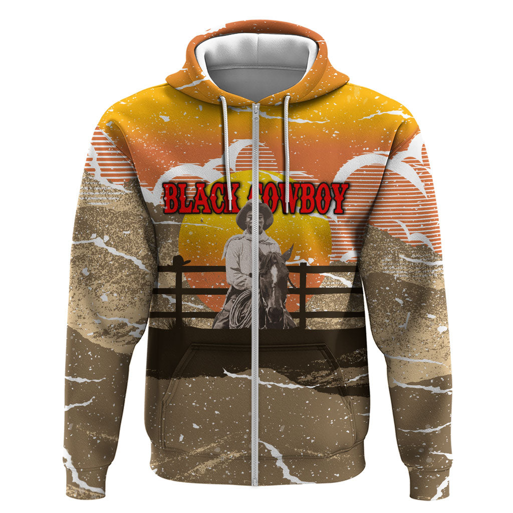 Black Cowboy Bill Pickett Zip Hoodie Retro Sunset Western Design
