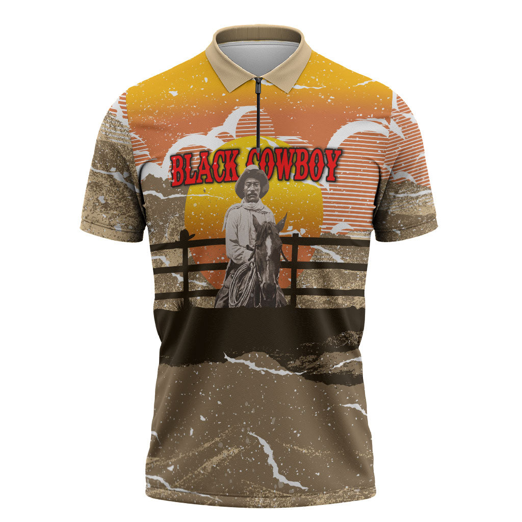 Black Cowboy Bill Pickett Zipper Polo Shirt Retro Sunset Western Design