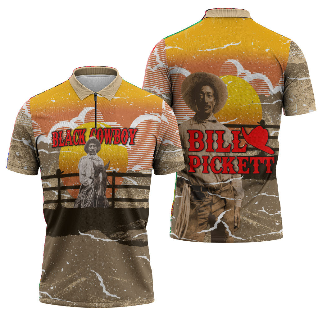 Black Cowboy Bill Pickett Zipper Polo Shirt Retro Sunset Western Design