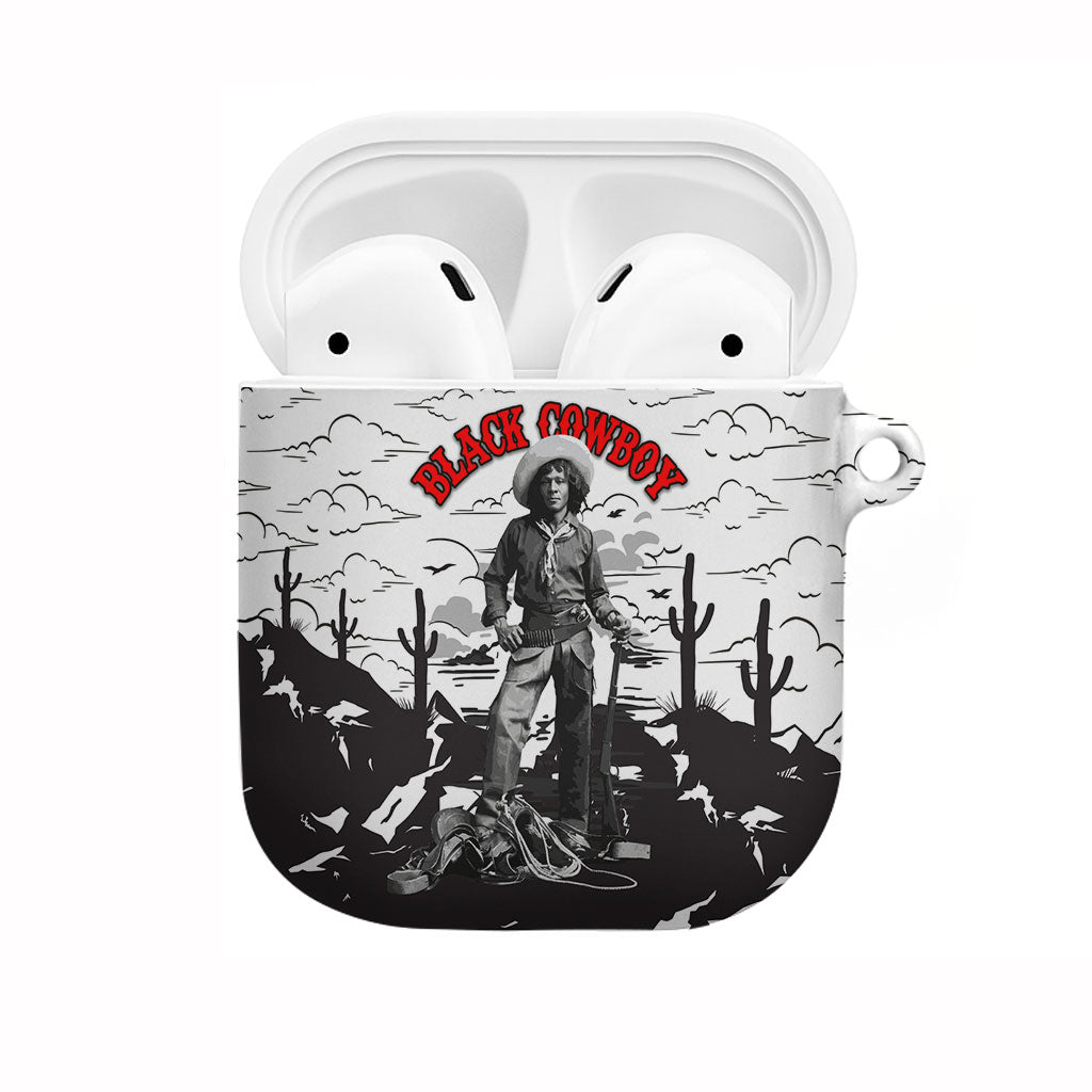 Black Cowboy Nat Love AirPods Case Comic Style Desert Line Art Red Typography