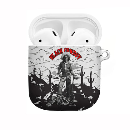 Black Cowboy Nat Love AirPods Case Comic Style Desert Line Art Red Typography