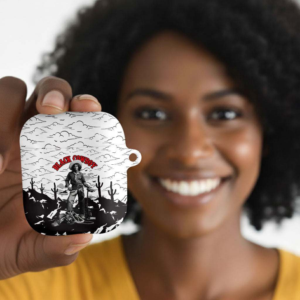 Black Cowboy Nat Love AirPods Case Comic Style Desert Line Art Red Typography