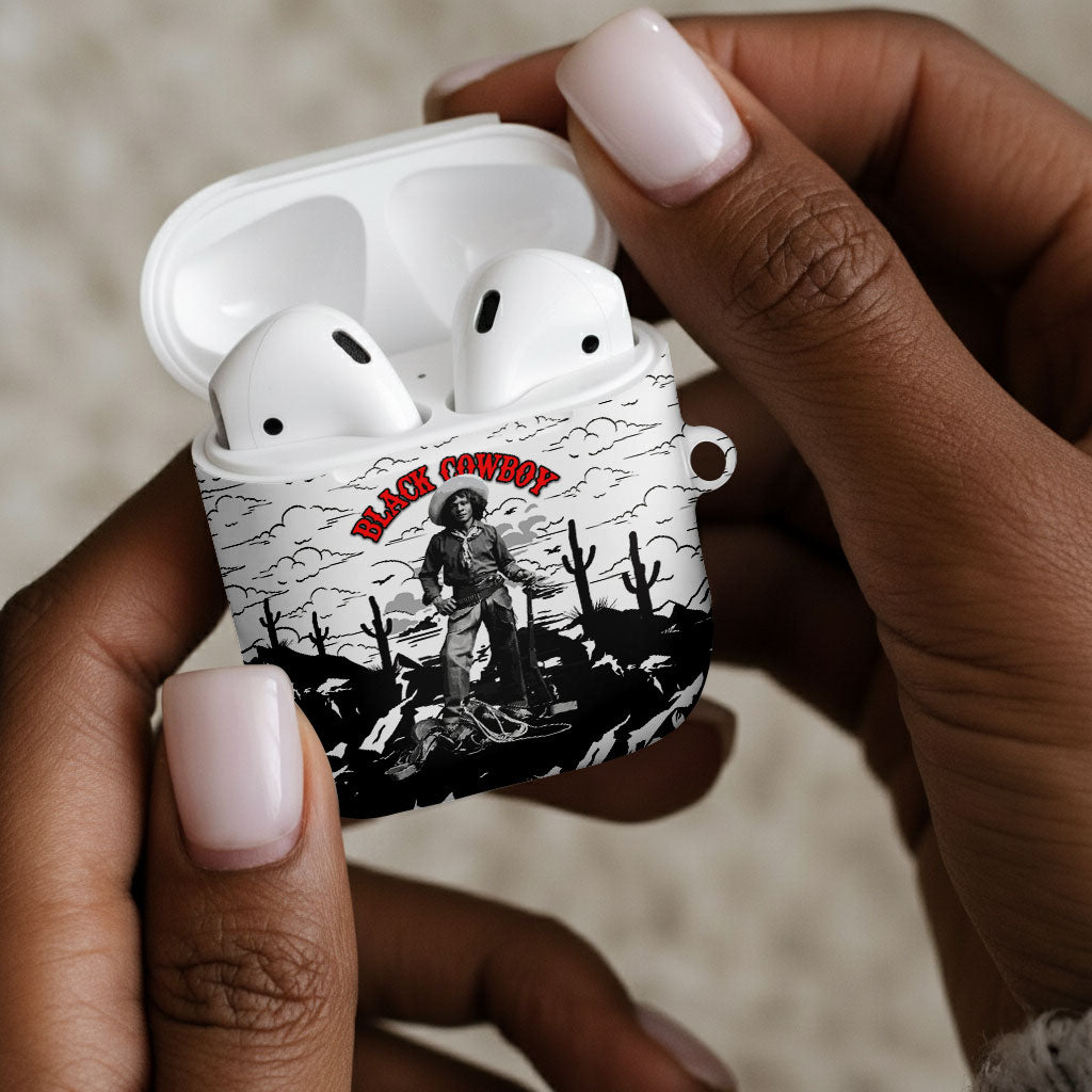 Black Cowboy Nat Love AirPods Case Comic Style Desert Line Art Red Typography
