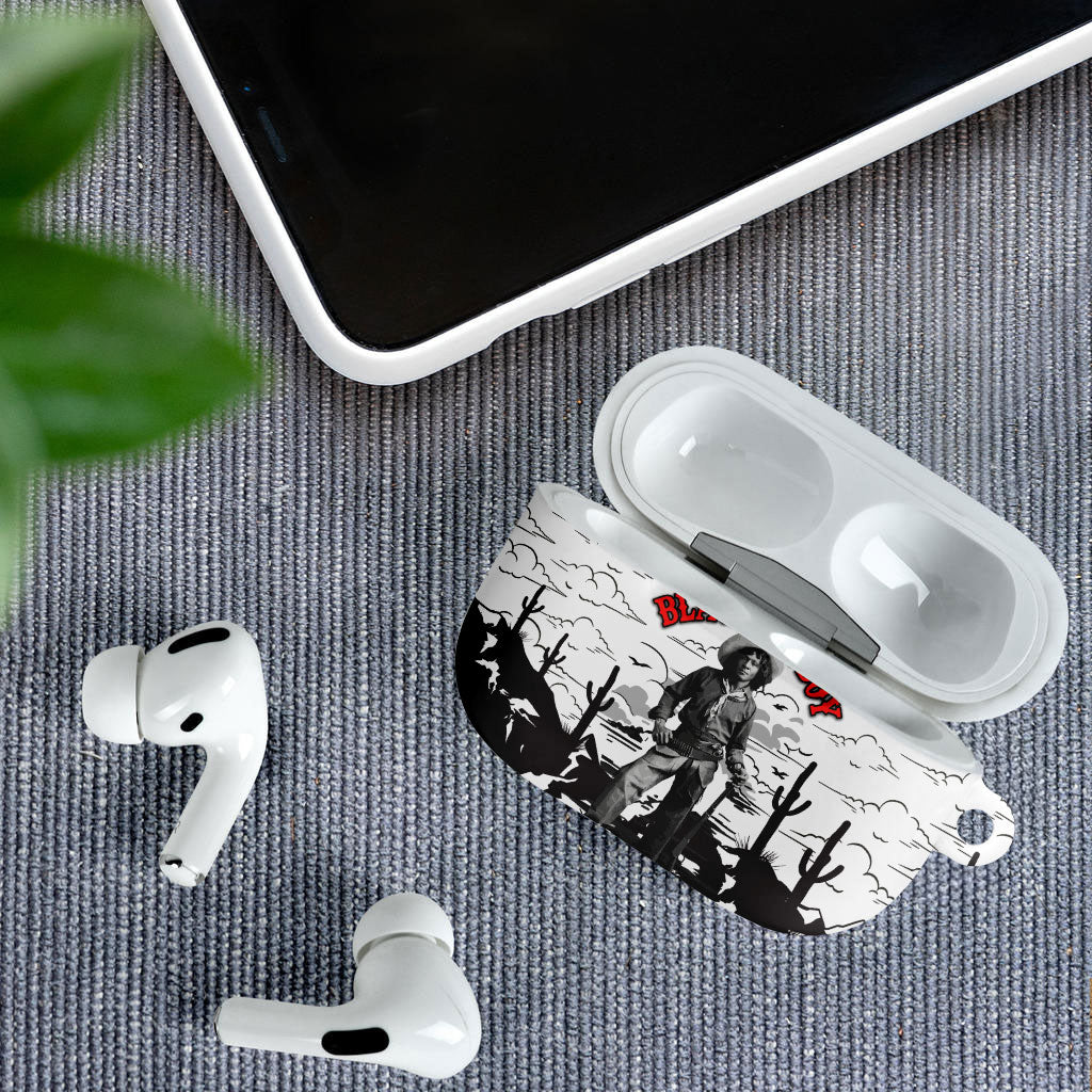 Black Cowboy Nat Love AirPods Case Comic Style Desert Line Art Red Typography