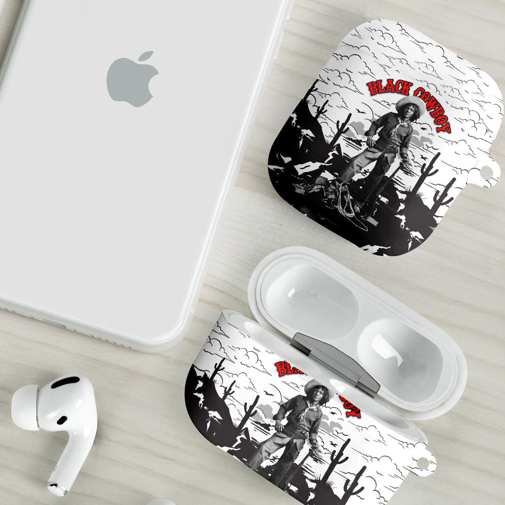 Black Cowboy Nat Love AirPods Case Comic Style Desert Line Art Red Typography