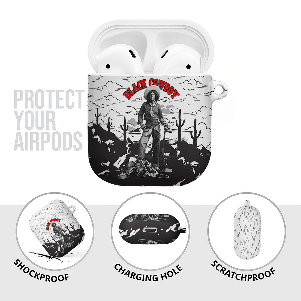 Black Cowboy Nat Love AirPods Case Comic Style Desert Line Art Red Typography
