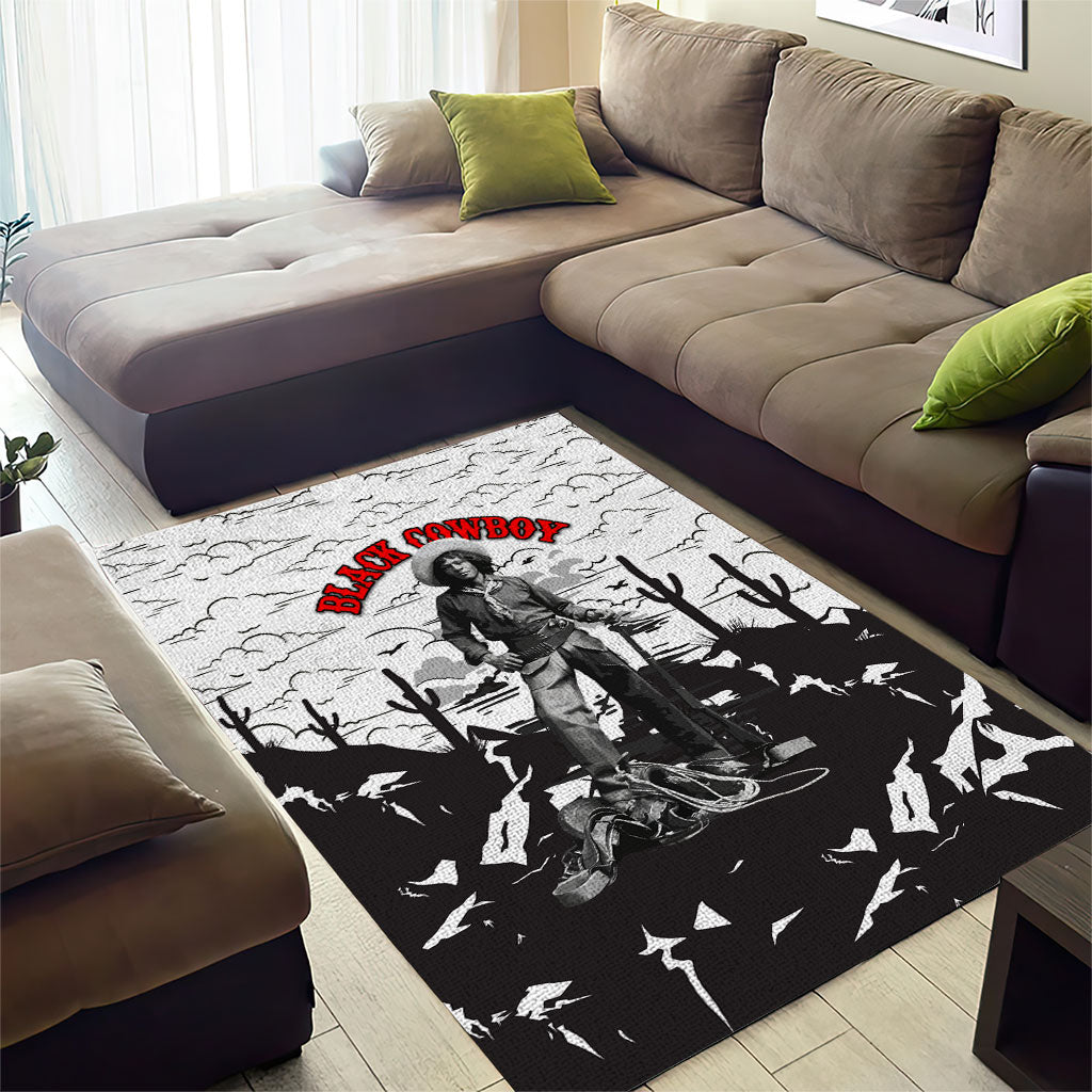 Black Cowboy Nat Love Area Rug Comic Style Desert Line Art Red Typography