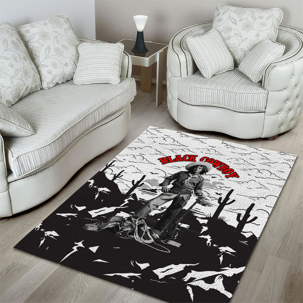 Black Cowboy Nat Love Area Rug Comic Style Desert Line Art Red Typography