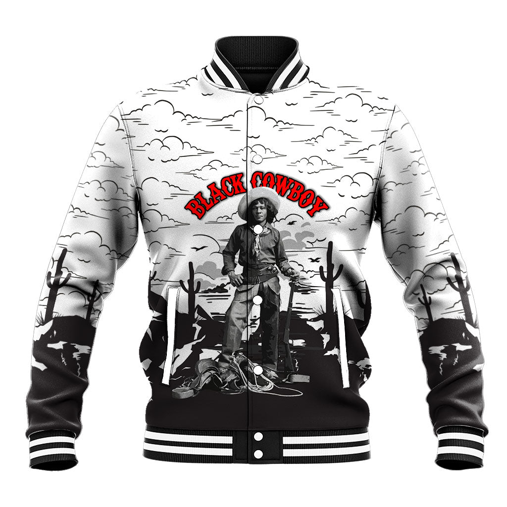 Black Cowboy Nat Love Baseball Jacket Comic Style Desert Line Art Red Typography