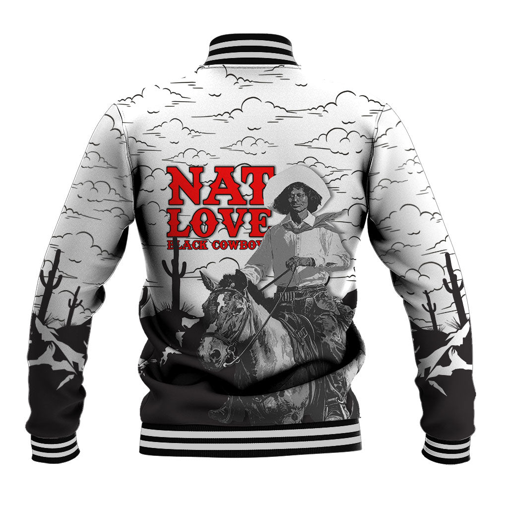 Black Cowboy Nat Love Baseball Jacket Comic Style Desert Line Art Red Typography