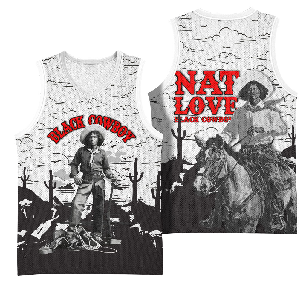 Black Cowboy Nat Love Basketball Jersey Comic Style Desert Line Art Red Typography