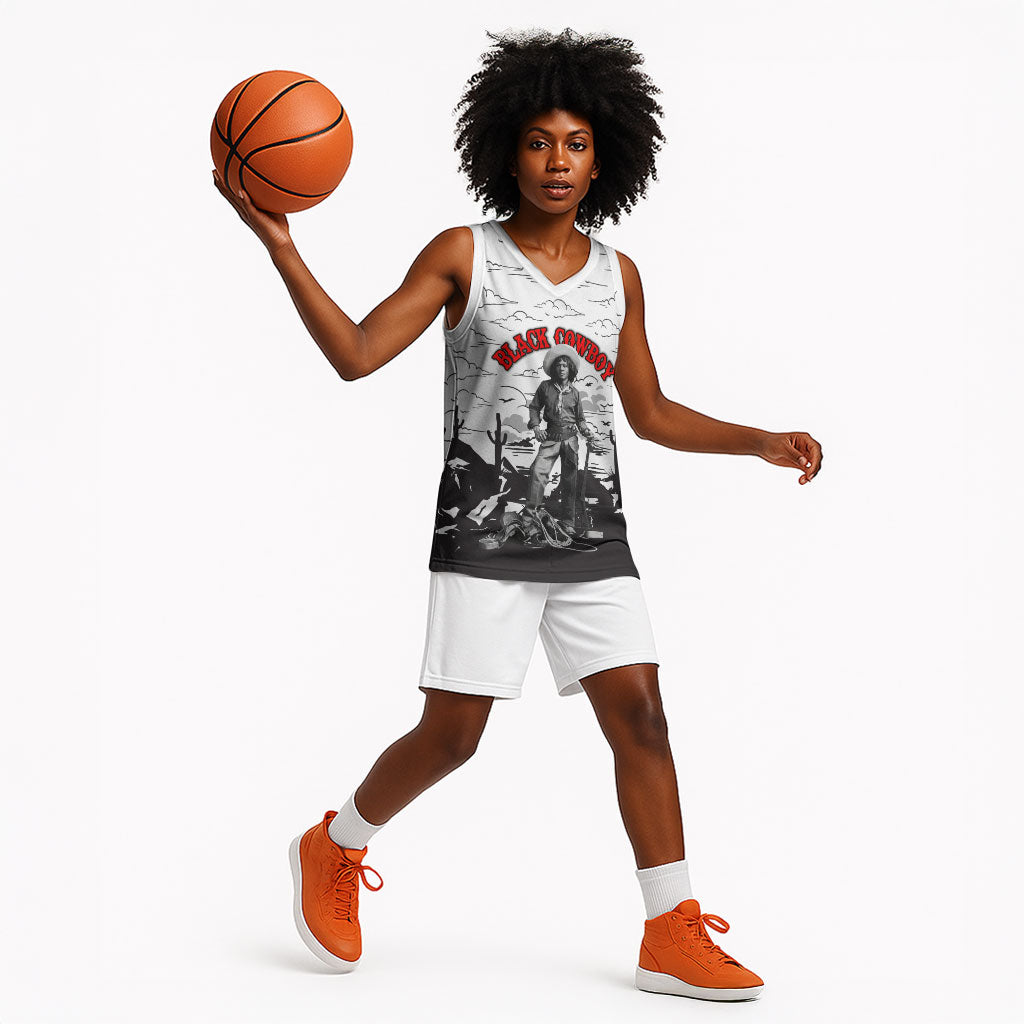 Black Cowboy Nat Love Basketball Jersey Comic Style Desert Line Art Red Typography
