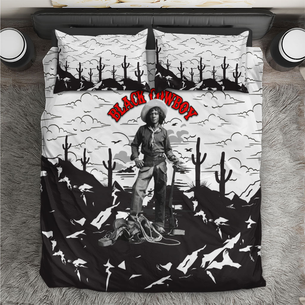 Black Cowboy Nat Love Bedding Set Comic Style Desert Line Art Red Typography