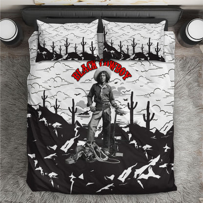 Black Cowboy Nat Love Bedding Set Comic Style Desert Line Art Red Typography