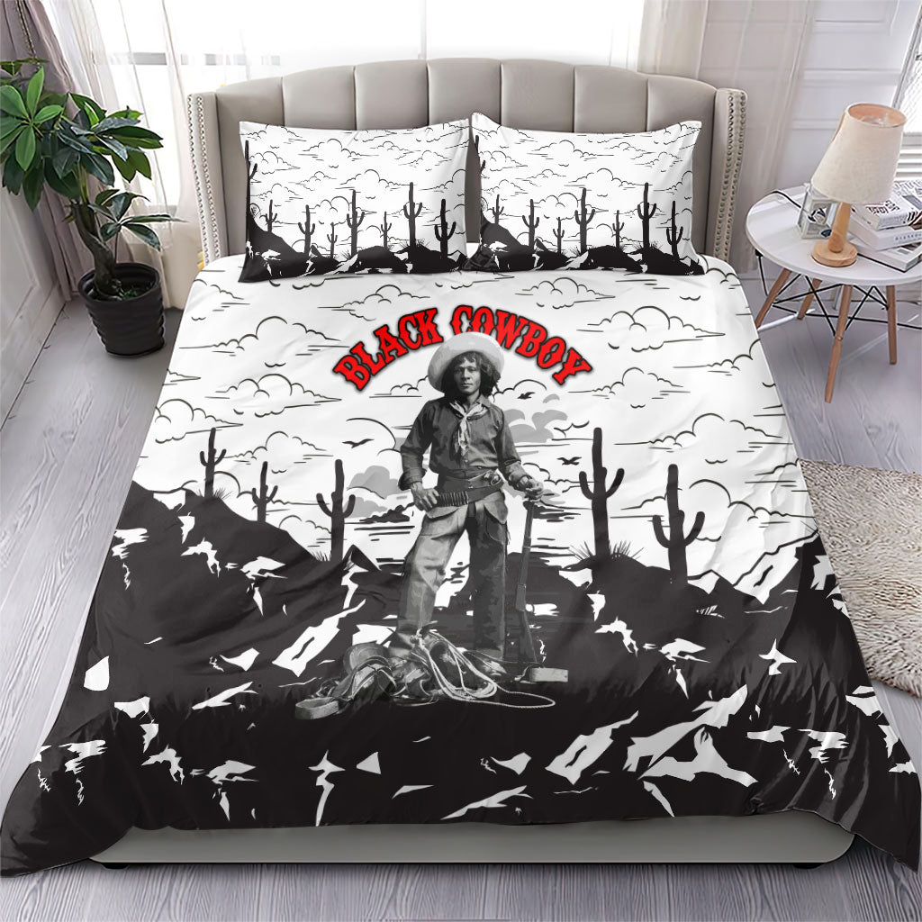 Black Cowboy Nat Love Bedding Set Comic Style Desert Line Art Red Typography