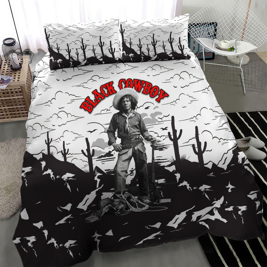Black Cowboy Nat Love Bedding Set Comic Style Desert Line Art Red Typography